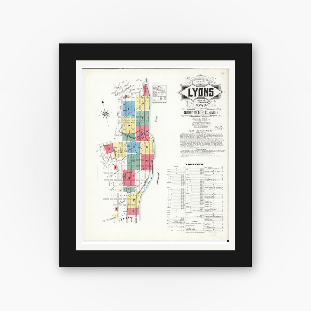 Old map wall art mockup — black gallery frame with white mat — Sanborn Fire Insurance Map from Lyons, Clinton County, Iowa (1909) â€” Complete Set