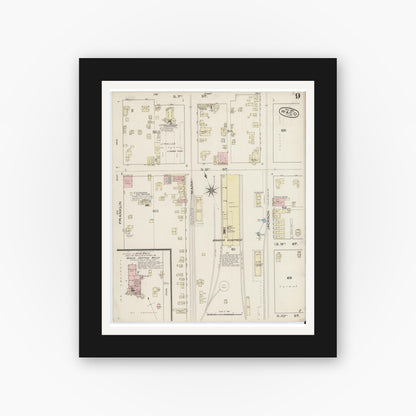 Old map wall art mockup — black gallery frame with white mat — Sanborn Fire Insurance Map from Waco, McLennan County, Texas (1885), Sheet #0009