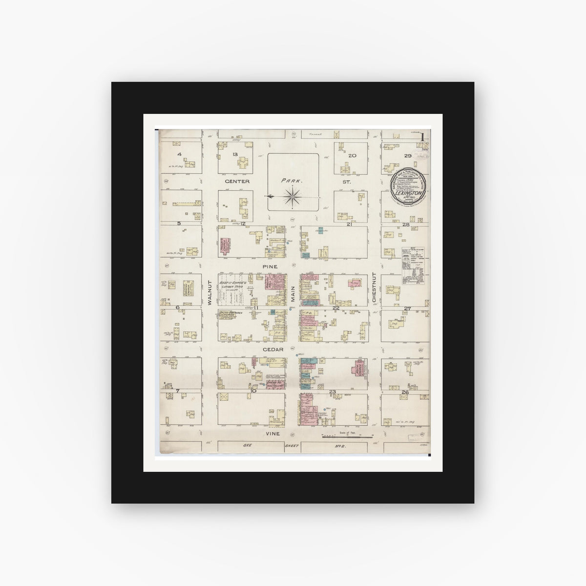 Old map wall art mockup — black gallery frame with white mat — Sanborn Fire Insurance Map from Lexington, McLean County, Illinois (1885) - Complete Map Set