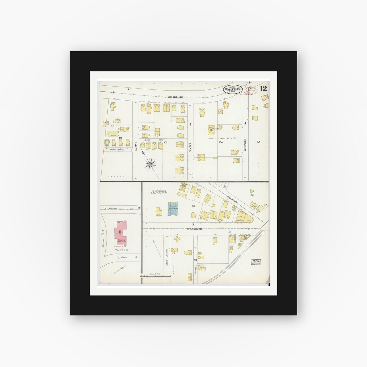 Old map wall art mockup — black gallery frame with white mat — Sanborn Fire Insurance Map from Watertown, Middlesex County, Massachusetts (1899), Sheet #0012