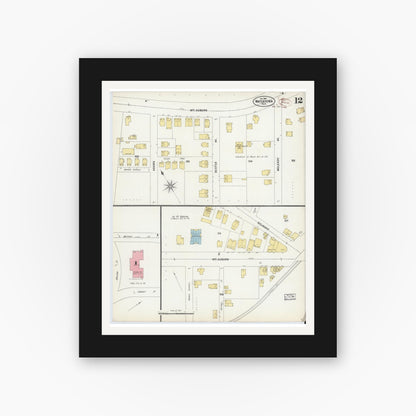 Old map wall art mockup — black gallery frame with white mat — Sanborn Fire Insurance Map from Watertown, Middlesex County, Massachusetts (1899), Sheet #0012