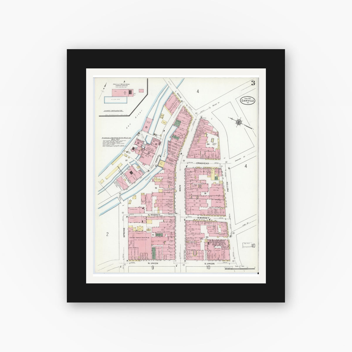 Old map wall art mockup — black gallery frame with white mat — Sanborn Fire Insurance Map from Danville, Independent Cities, Virginia (1910), Sheet #0003