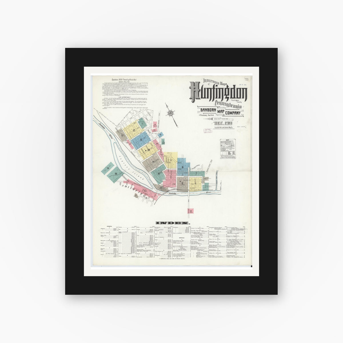 Old map wall art mockup — black gallery frame with white mat — Sanborn Fire Insurance Map from Huntingdon, Huntingdon County, Pennsylvania (1911) - Complete Map Set