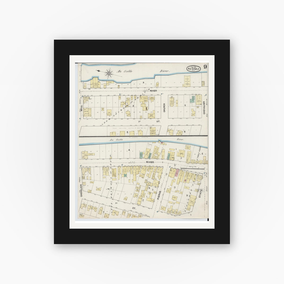 Old map wall art mockup — black gallery frame with white mat — Sanborn Fire Insurance Map from Oscoda, Iosco County, Michigan (1890), Sheet #0009