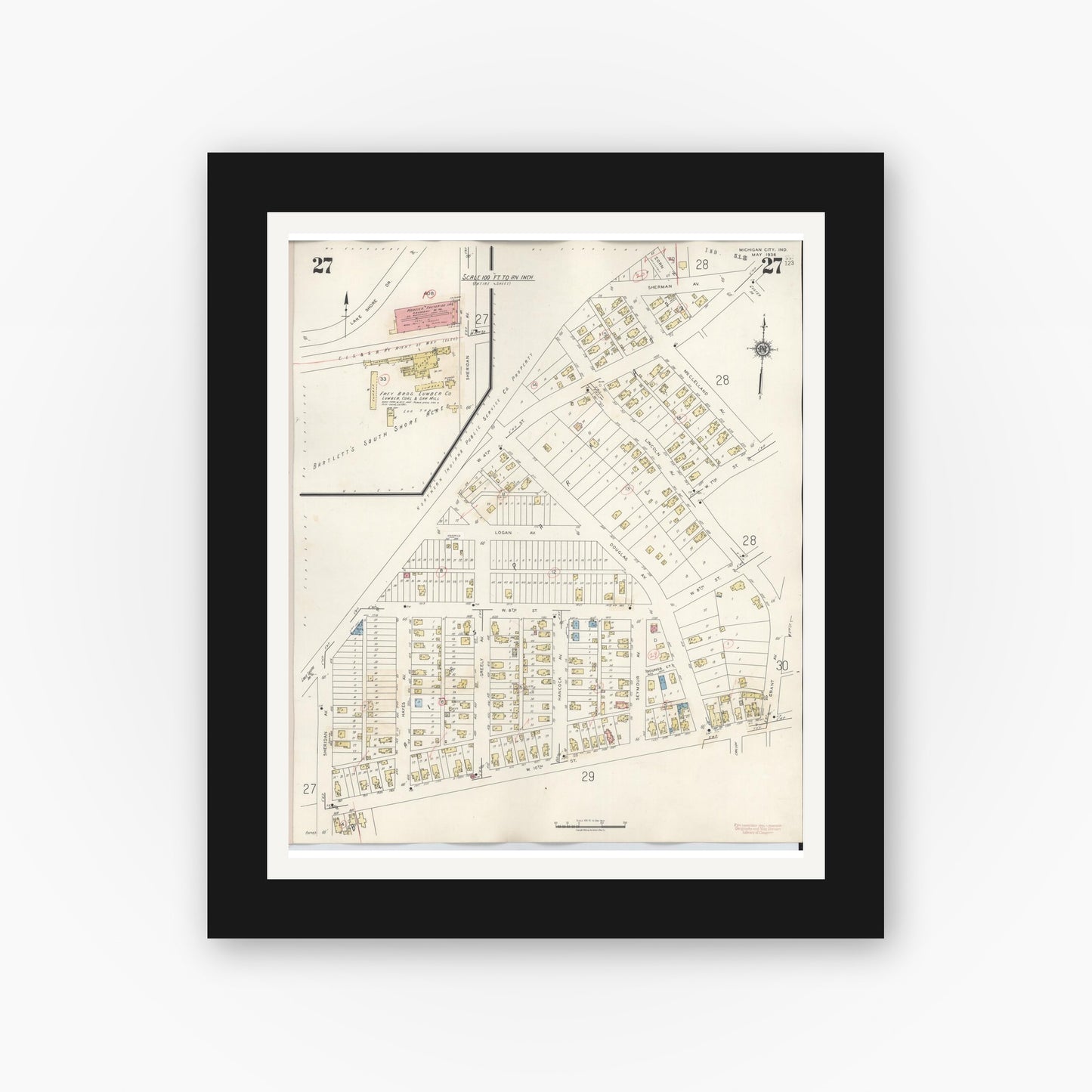 Old map wall art mockup — black gallery frame with white mat — Sanborn Fire Insurance Map from Michigan City, La Porte County, Indiana (1948), Sheet #0027