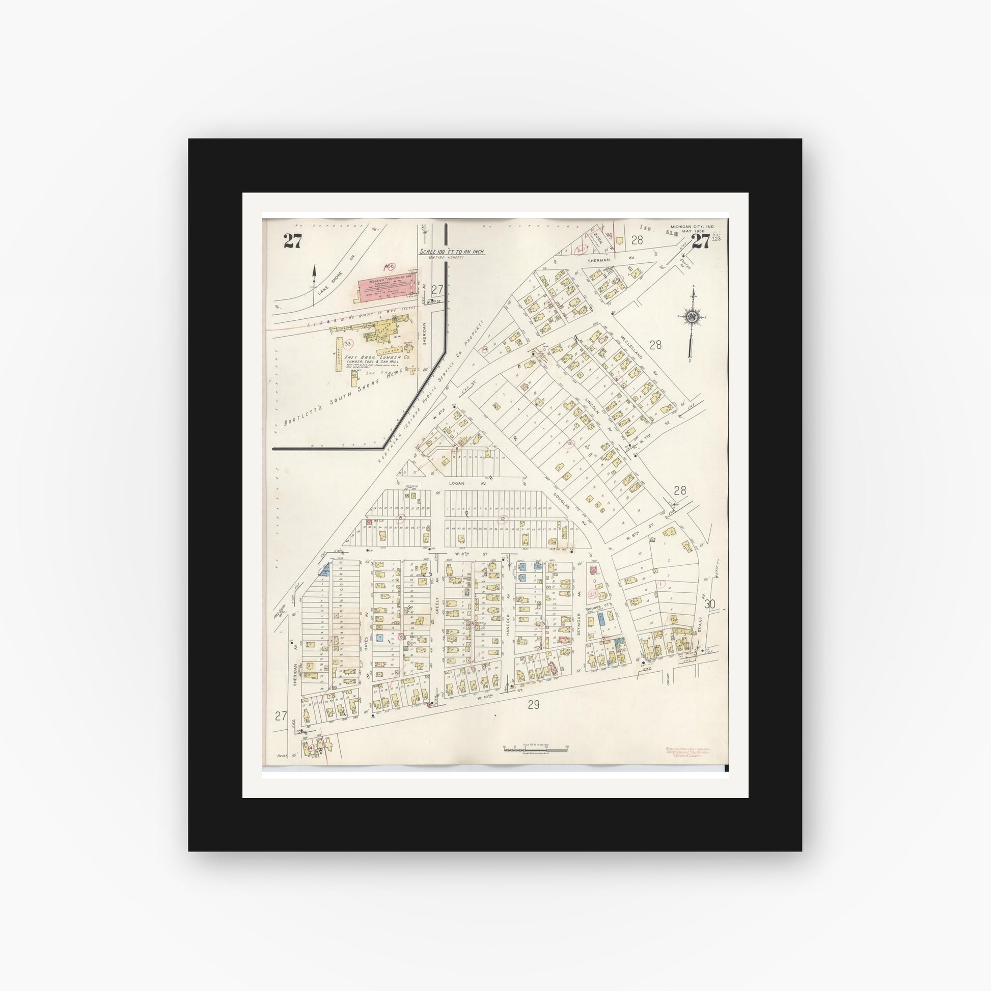 Old map wall art mockup — black gallery frame with white mat — Sanborn Fire Insurance Map from Michigan City, La Porte County, Indiana (1948), Sheet #0027