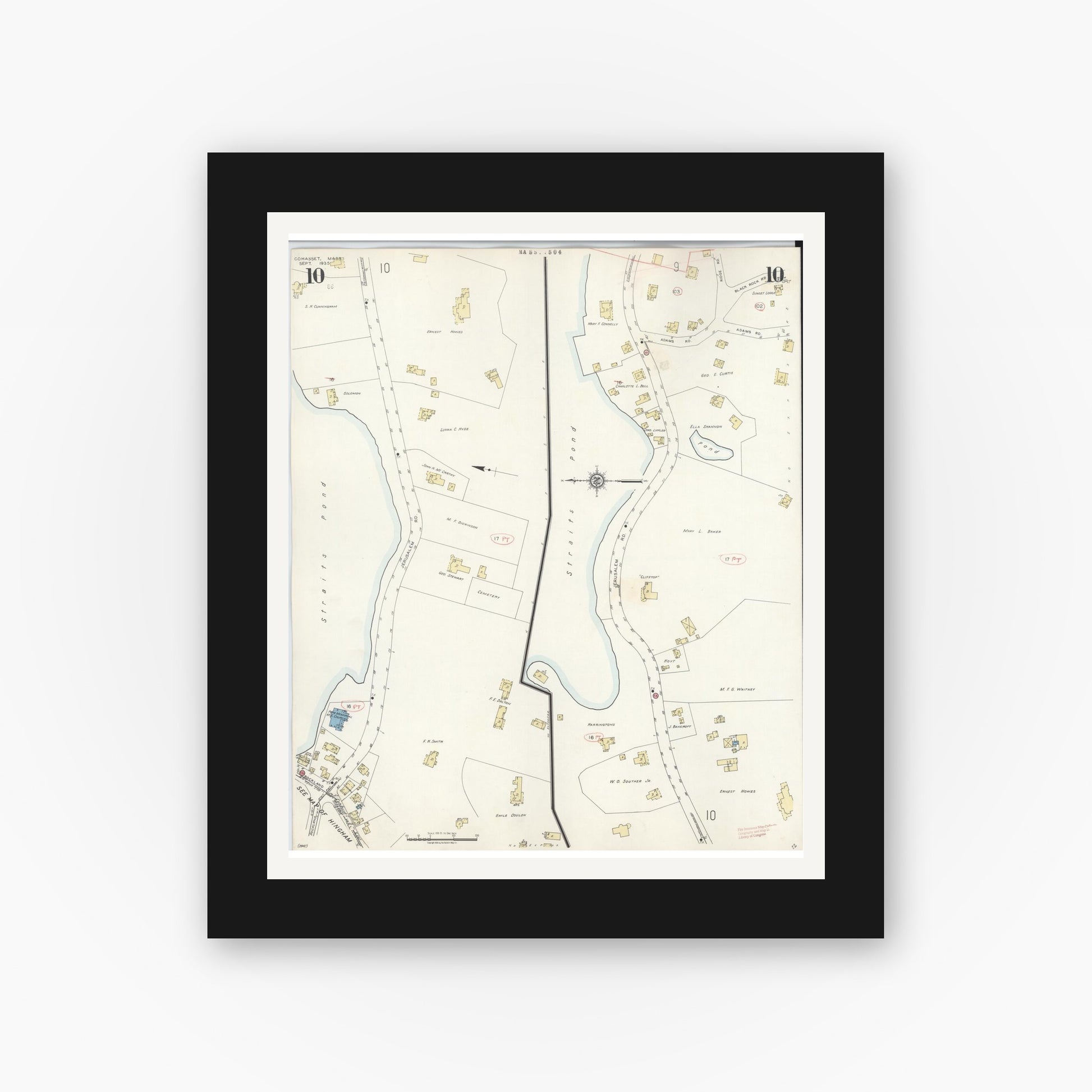 Old map wall art mockup — black gallery frame with white mat — Sanborn Fire Insurance Map from Cohasset, Norfolk County, Massachusetts (1940), Sheet #0010