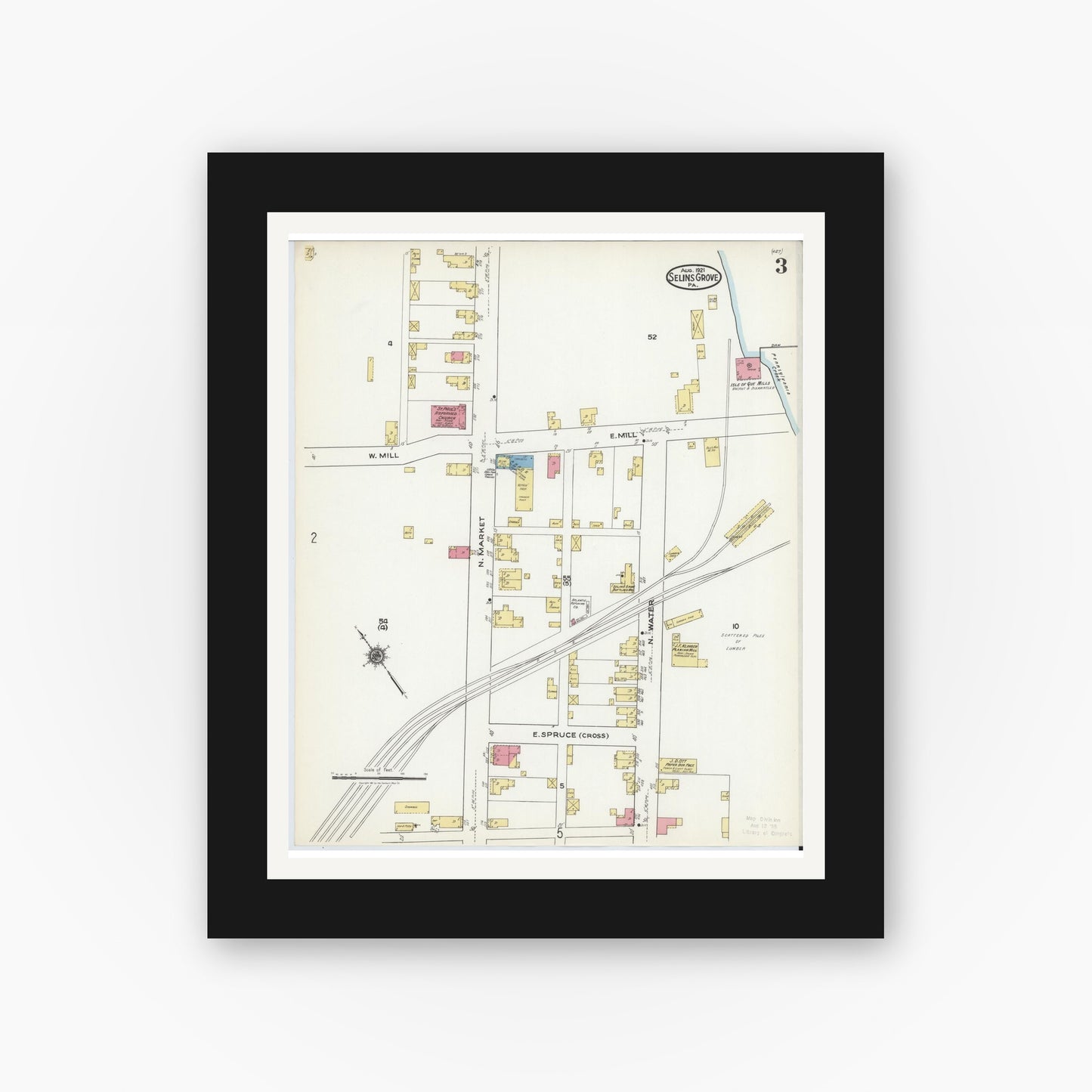 Old map wall art mockup — black gallery frame with white mat — Sanborn Fire Insurance Map from Selins Grove, Snyder County, Pennsylvania (1921), Sheet #0003