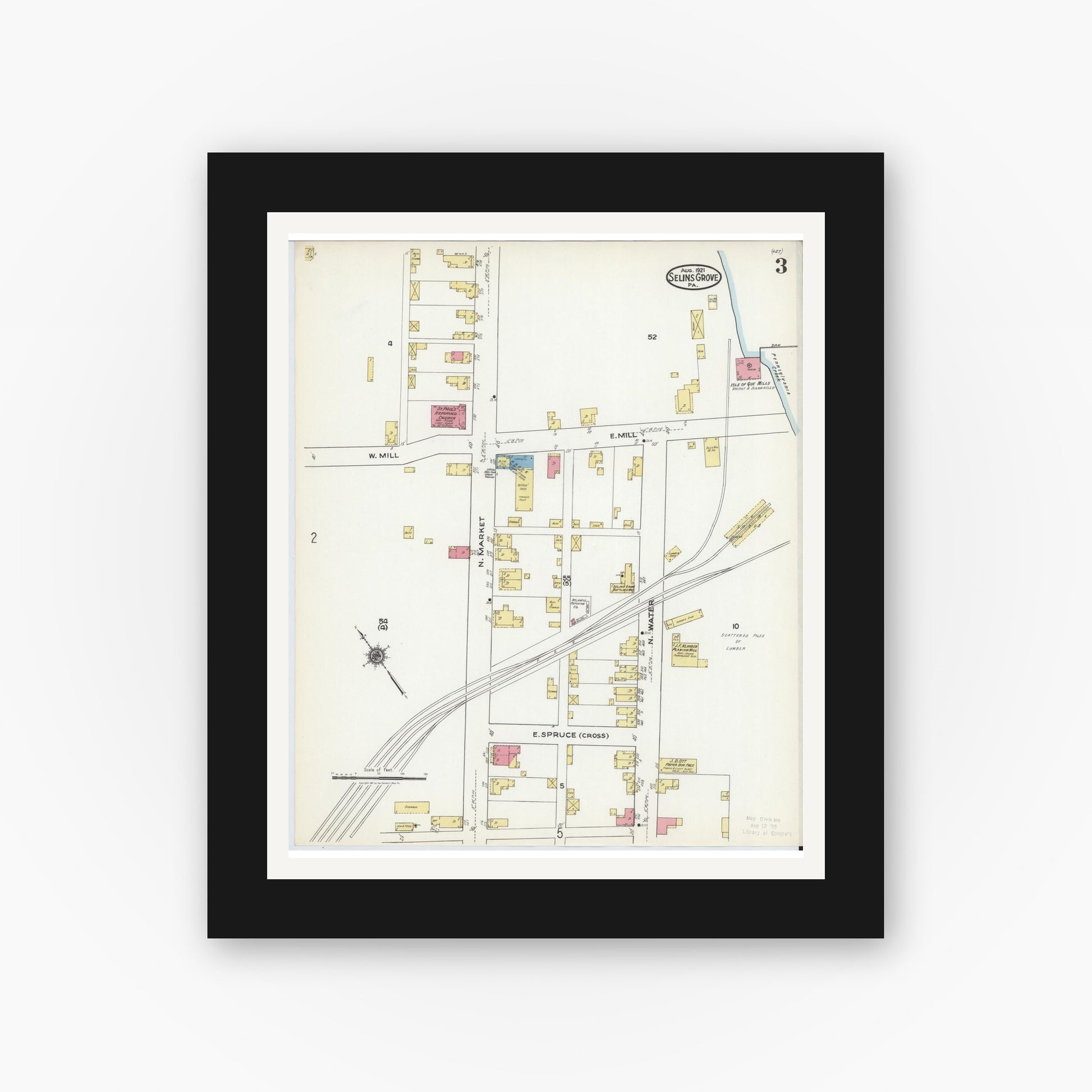 Old map wall art mockup — black gallery frame with white mat — Sanborn Fire Insurance Map from Selins Grove, Snyder County, Pennsylvania (1921), Sheet #0003
