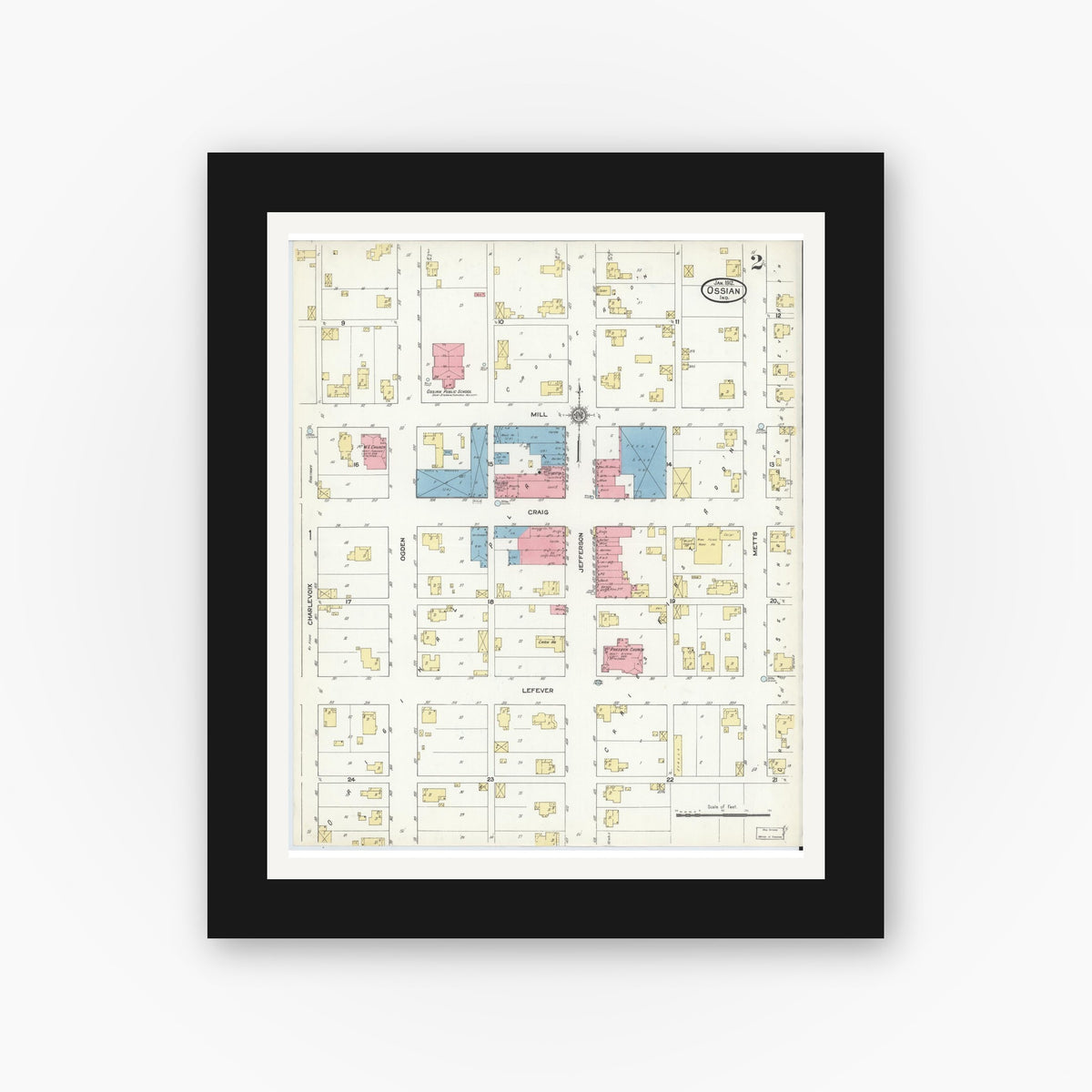 Old map wall art mockup — black gallery frame with white mat — Sanborn Fire Insurance Map from Ossian, Wells County, Indiana (1912), Sheet #0002