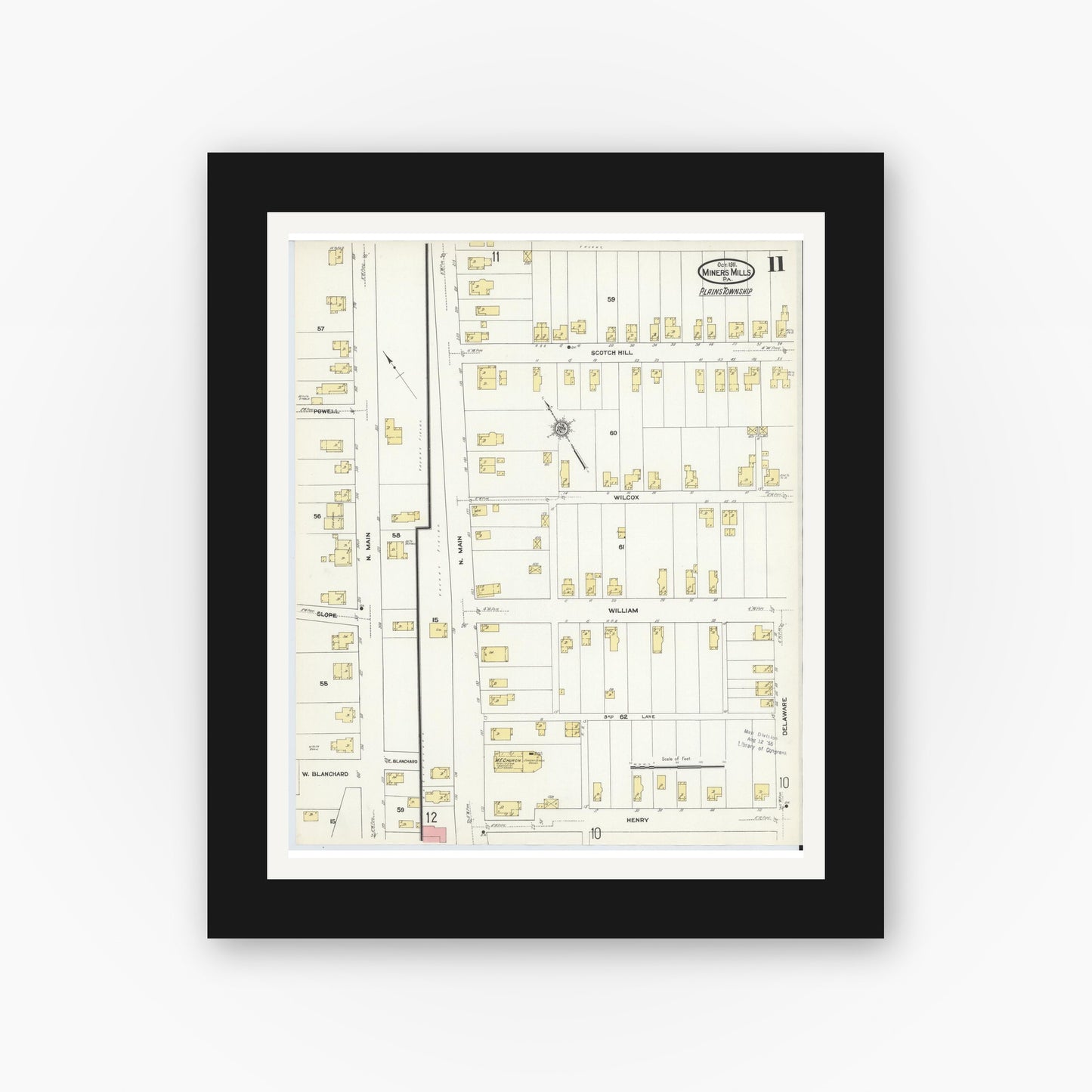 Old map wall art mockup — black gallery frame with white mat — Sanborn Fire Insurance Map from Miners Mills, Luzerne County, Pennsylvania (1911), Sheet #0011