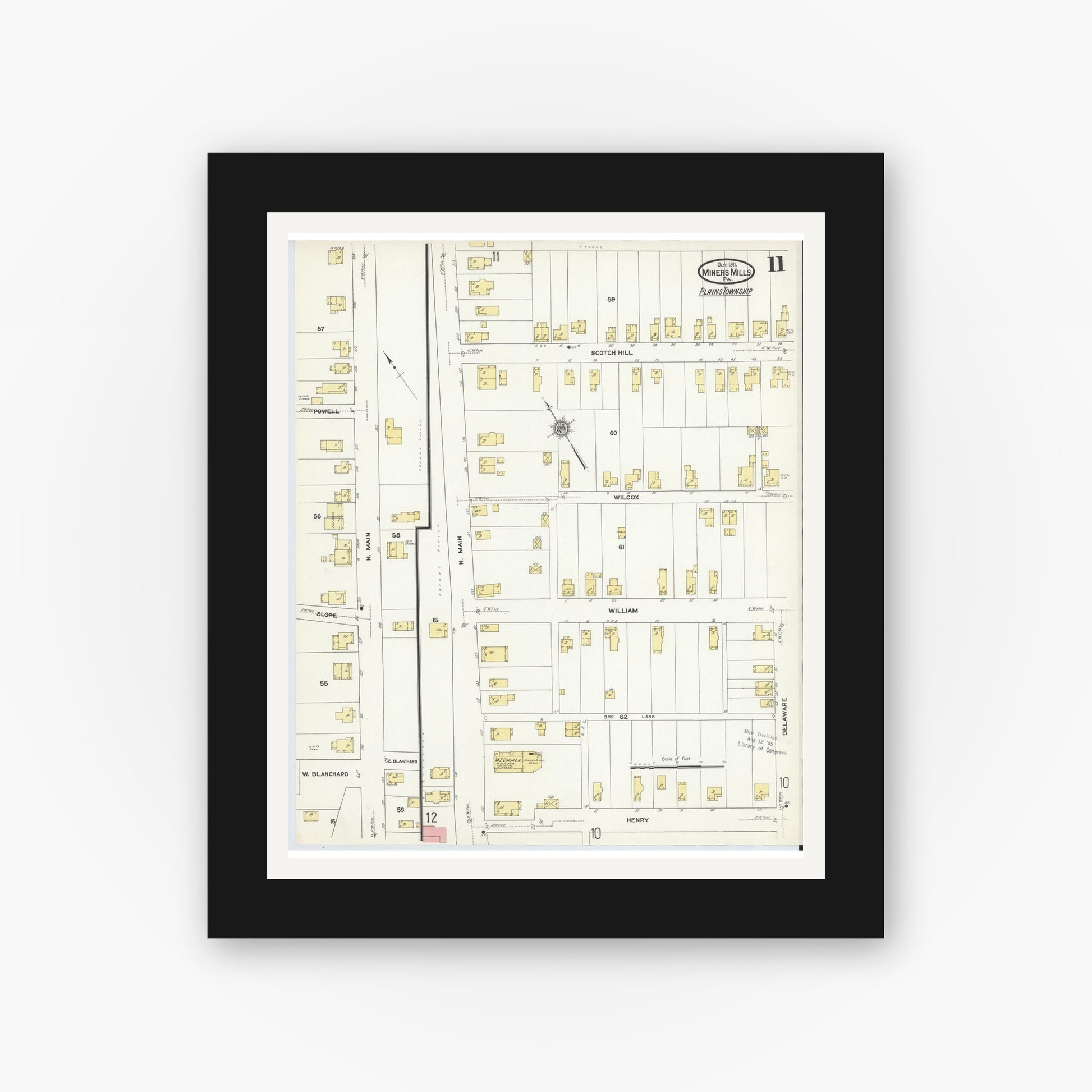 Old map wall art mockup — black gallery frame with white mat — Sanborn Fire Insurance Map from Miners Mills, Luzerne County, Pennsylvania (1911), Sheet #0011