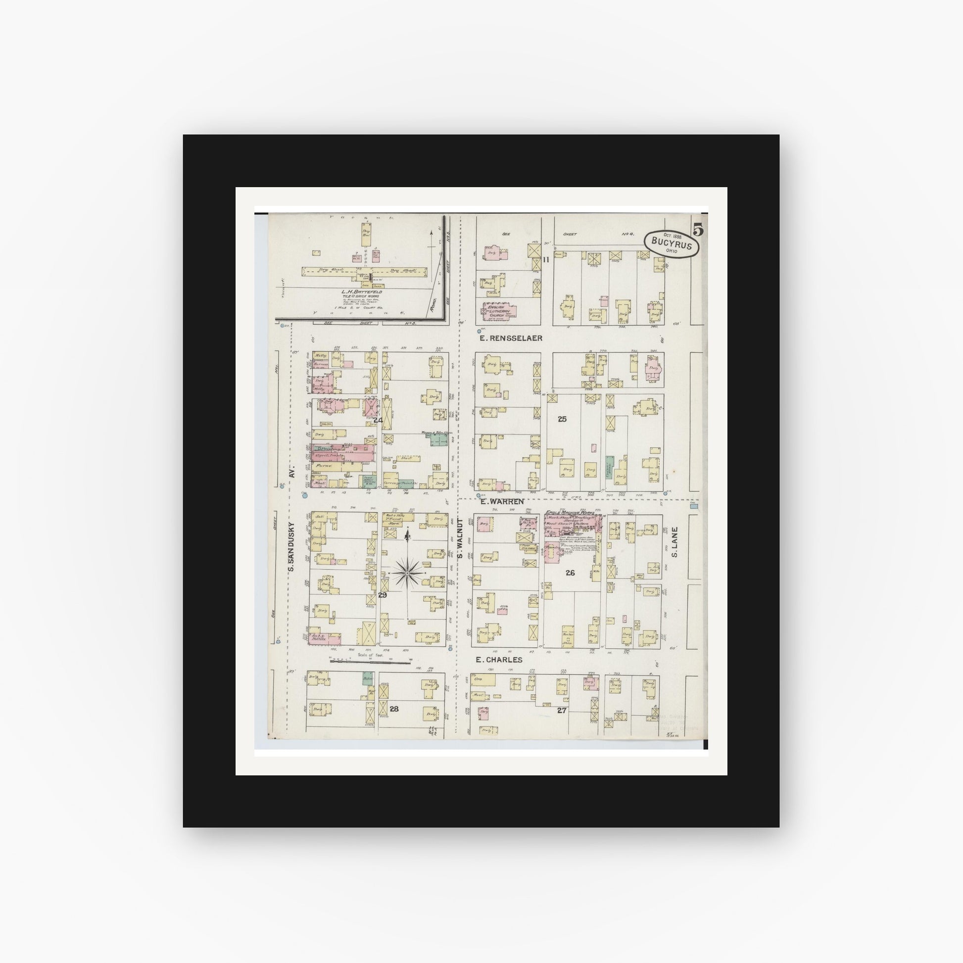Old map wall art mockup — black gallery frame with white mat — Sanborn Fire Insurance Map from Bucyrus, Crawford County, Ohio (1888), Sheet #0005