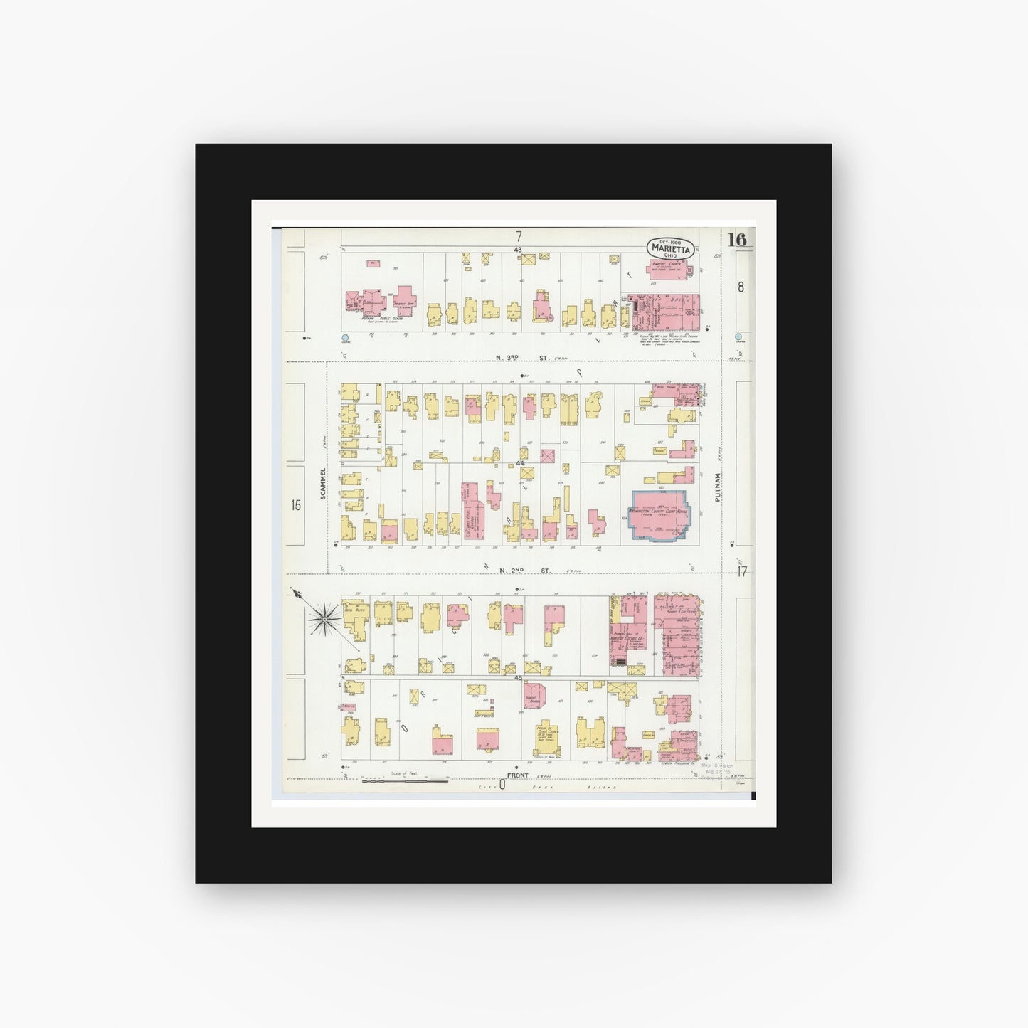 Old map wall art mockup — black gallery frame with white mat — Sanborn Fire Insurance Map from Marietta, Washington County, Ohio (1900), Sheet #0016