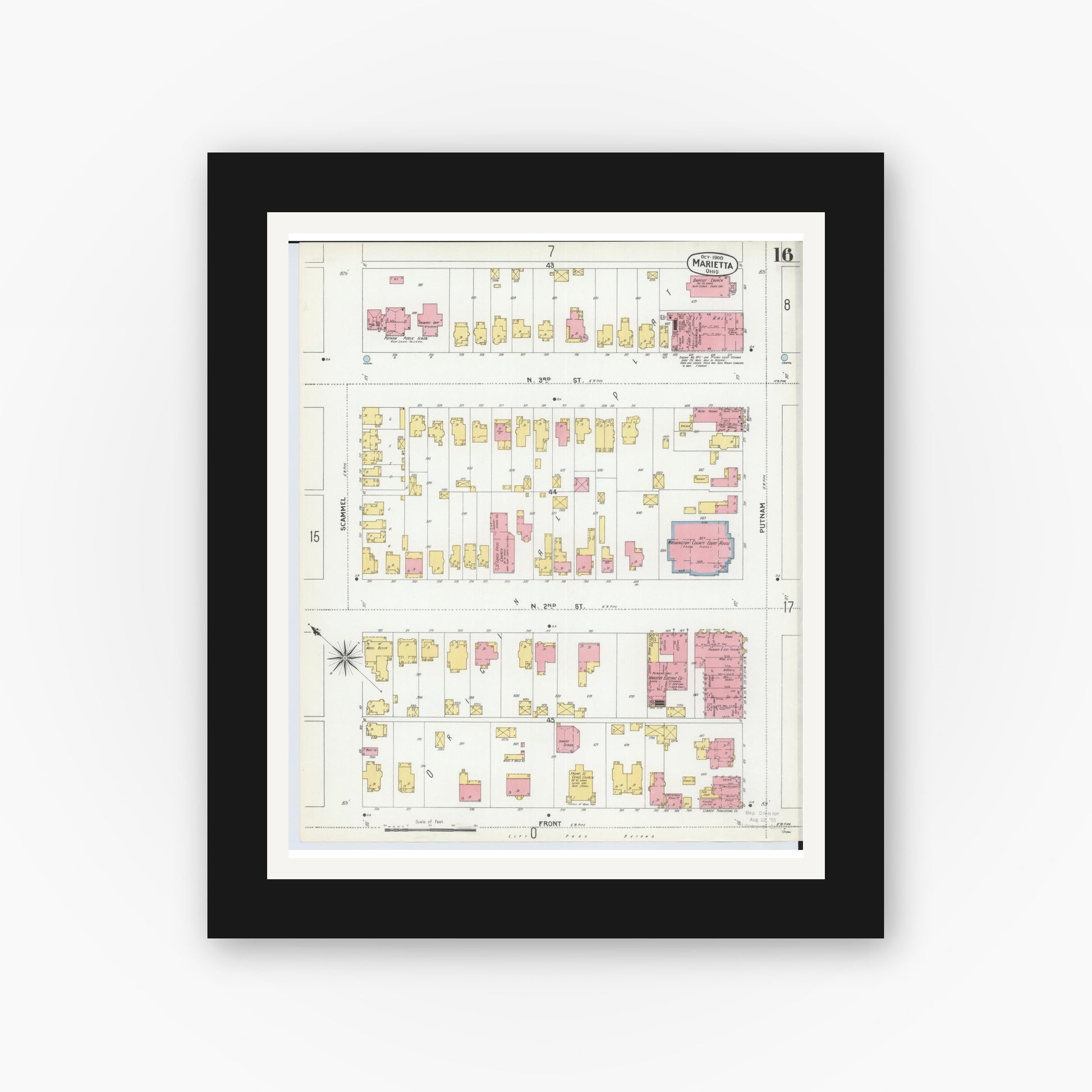 Old map wall art mockup — black gallery frame with white mat — Sanborn Fire Insurance Map from Marietta, Washington County, Ohio (1900), Sheet #0016