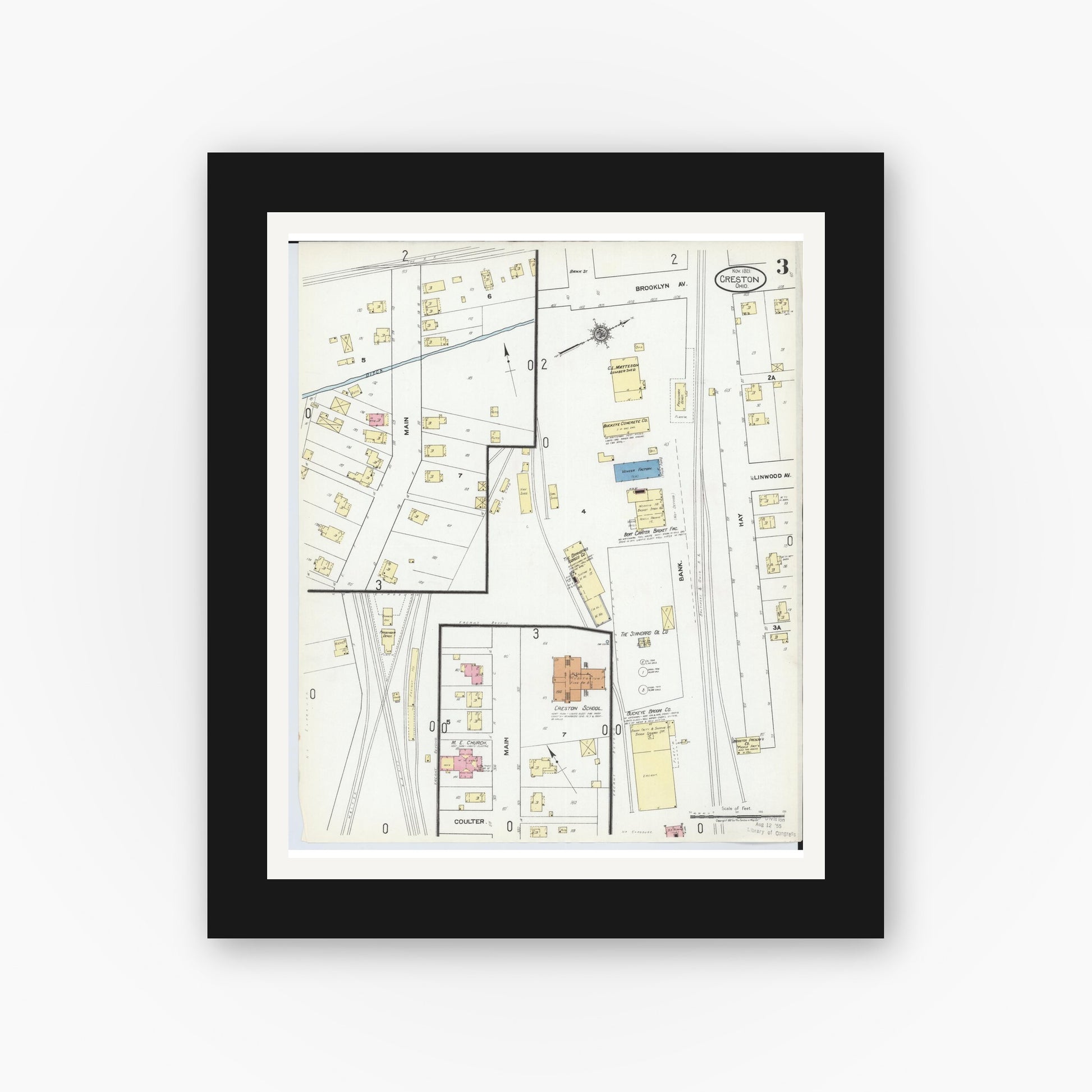 Old map wall art mockup — black gallery frame with white mat — Sanborn Fire Insurance Map from Creston, Wayne County, Ohio (1921), Sheet #0003
