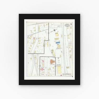 Old map wall art mockup — black gallery frame with white mat — Sanborn Fire Insurance Map from Creston, Wayne County, Ohio (1921), Sheet #0003