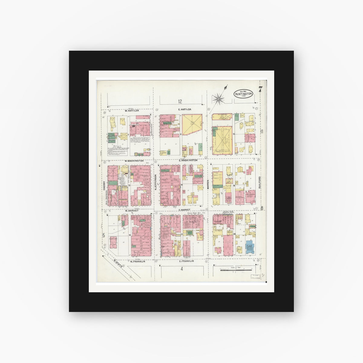 Old map wall art mockup — black gallery frame with white mat — Sanborn Fire Insurance Map from Huntington, Huntington County, Indiana (1904), Sheet #0007