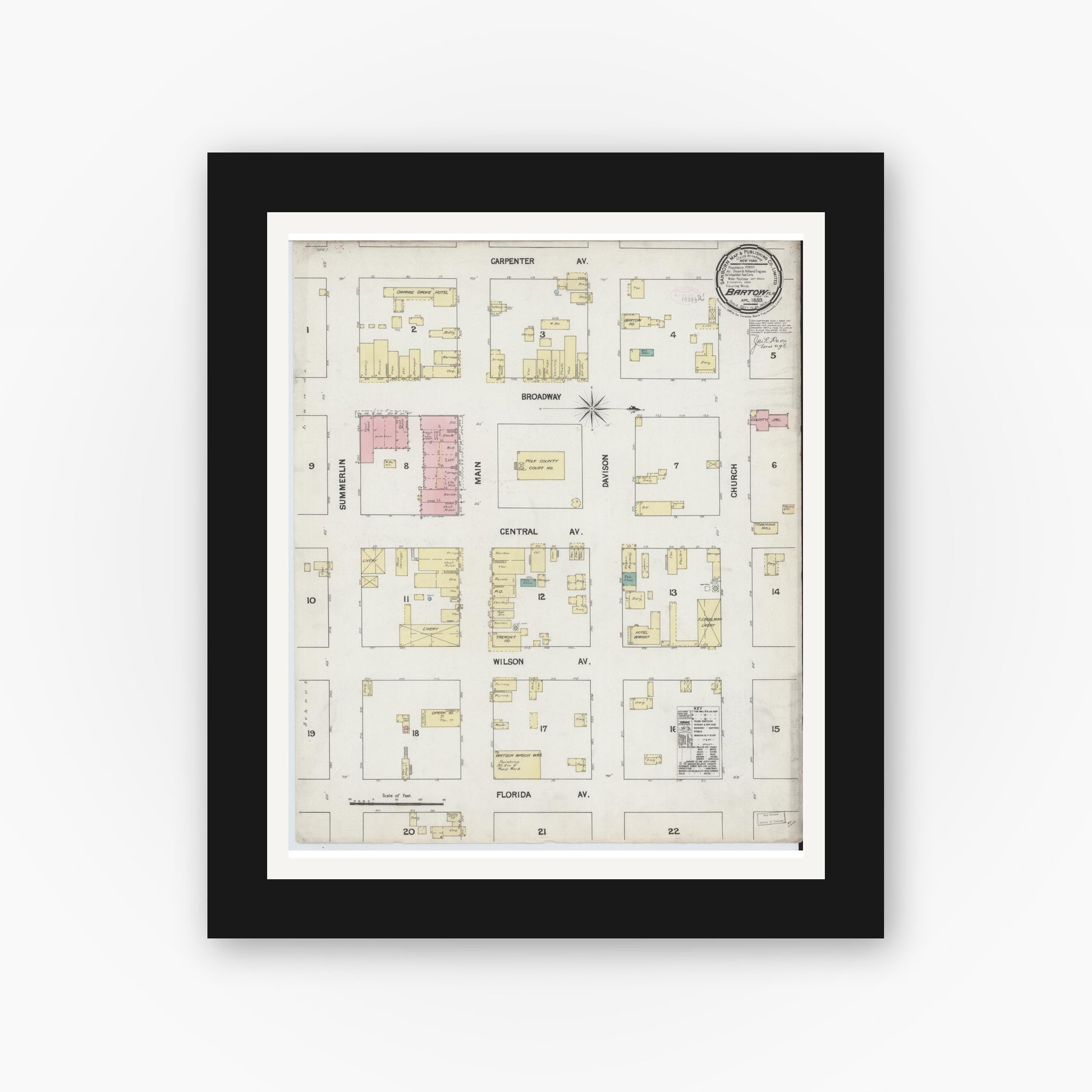 Old map wall art mockup — black gallery frame with white mat — Sanborn Fire Insurance Map from Bartow, Polk County, Florida (1889), Sheet #0001