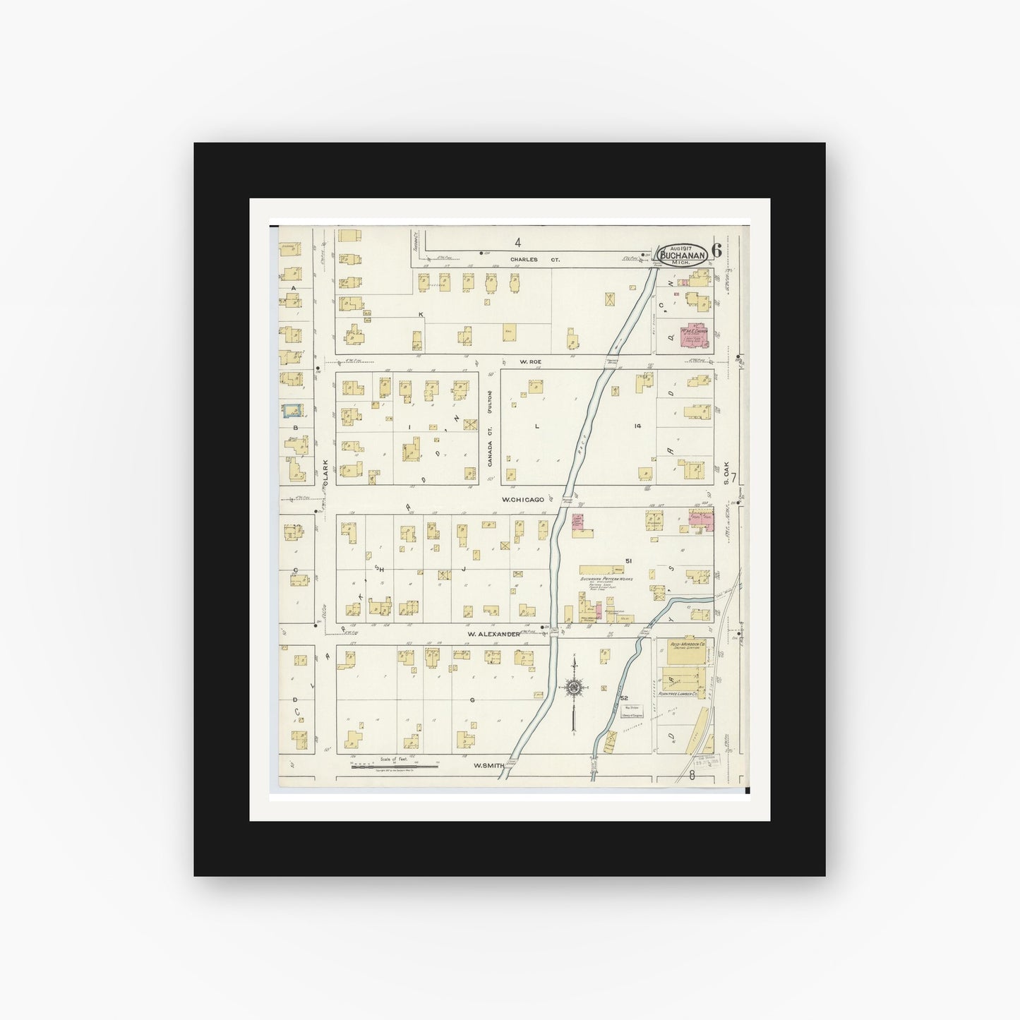 Old map wall art mockup — black gallery frame with white mat — Sanborn Fire Insurance Map from Buchanan, Berrien County, Michigan (1917), Sheet #0006