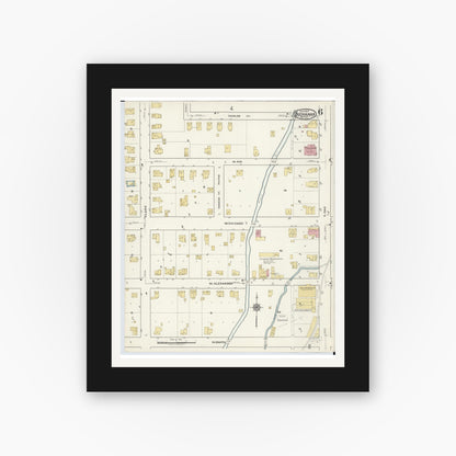 Old map wall art mockup — black gallery frame with white mat — Sanborn Fire Insurance Map from Buchanan, Berrien County, Michigan (1917), Sheet #0006