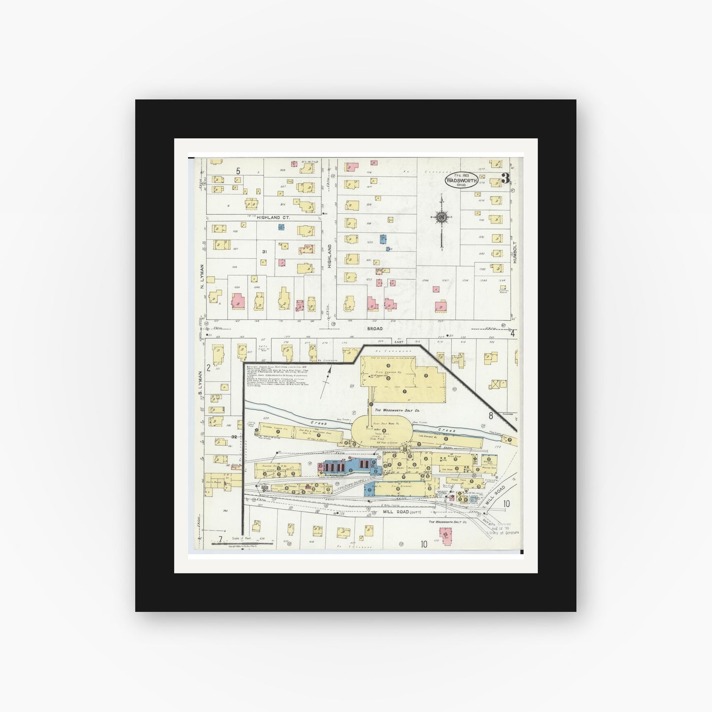 Old map wall art mockup — black gallery frame with white mat — Sanborn Fire Insurance Map from Wadsworth, Medina County, Ohio (1923), Sheet #0003