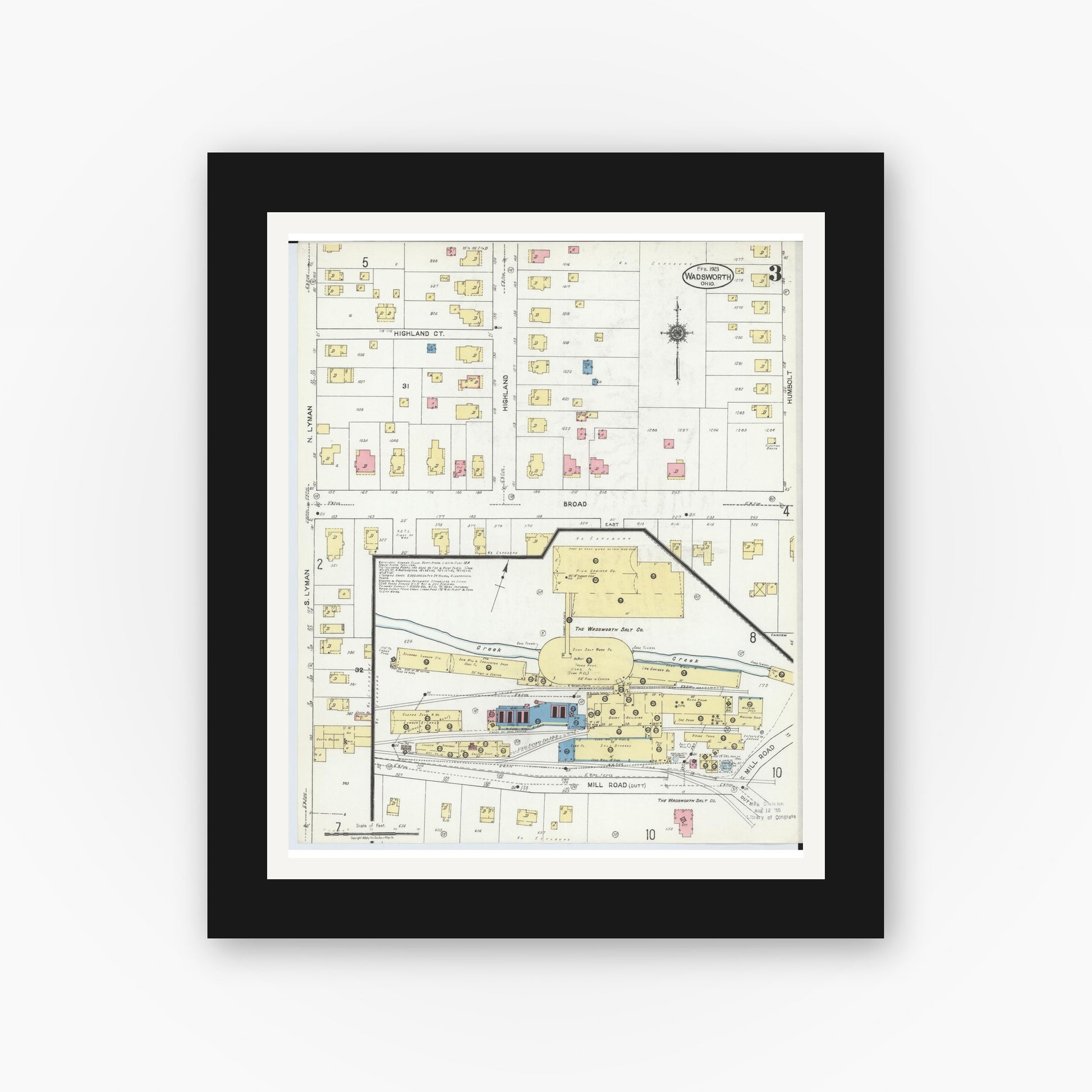 Old map wall art mockup — black gallery frame with white mat — Sanborn Fire Insurance Map from Wadsworth, Medina County, Ohio (1923), Sheet #0003