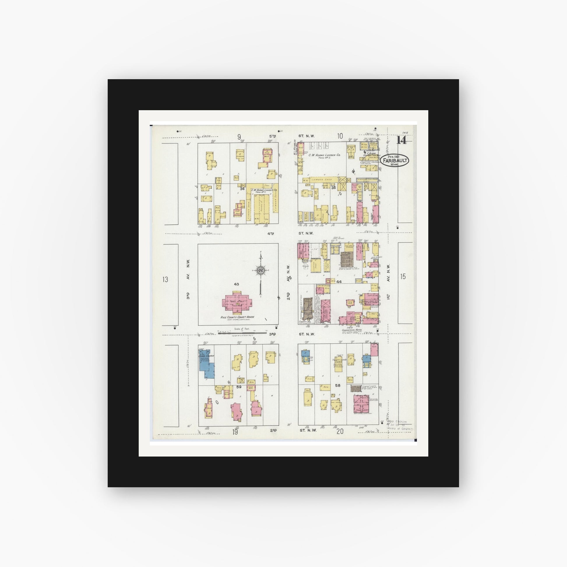 Old map wall art mockup — black gallery frame with white mat — Sanborn Fire Insurance Map from Faribault, Rice County, Minnesota (1921), Sheet #0014