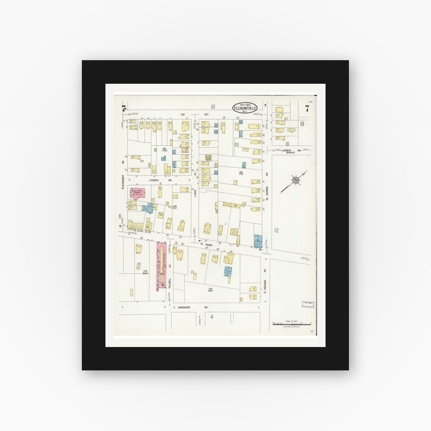Old map wall art mockup — black gallery frame with white mat — Sanborn Fire Insurance Map from Pleasantville, Atlantic County, New Jersey (1924), Sheet #0007