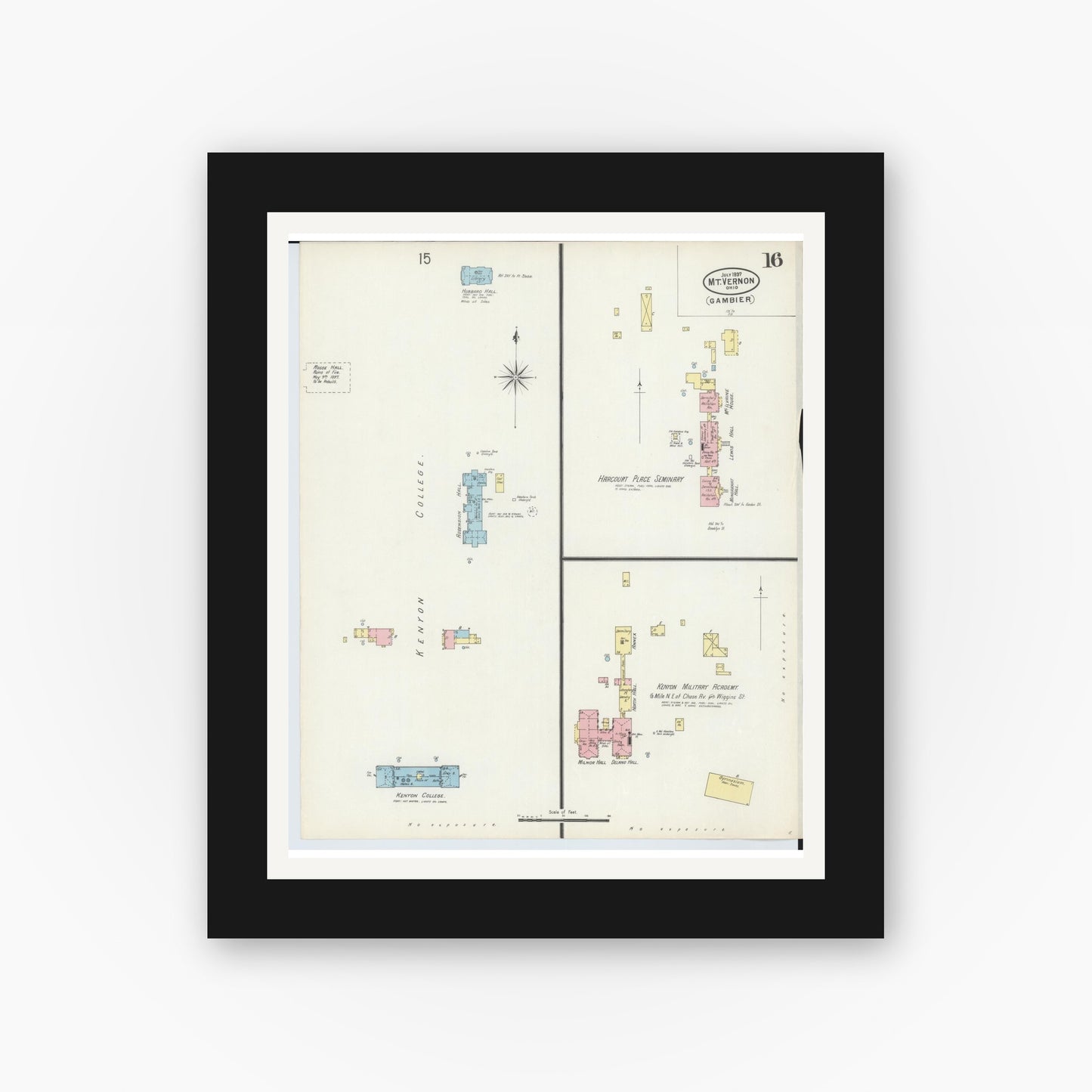 Old map wall art mockup — black gallery frame with white mat — Sanborn Fire Insurance Map from Mount Vernon, Knox County, Ohio (1897), Sheet #0016