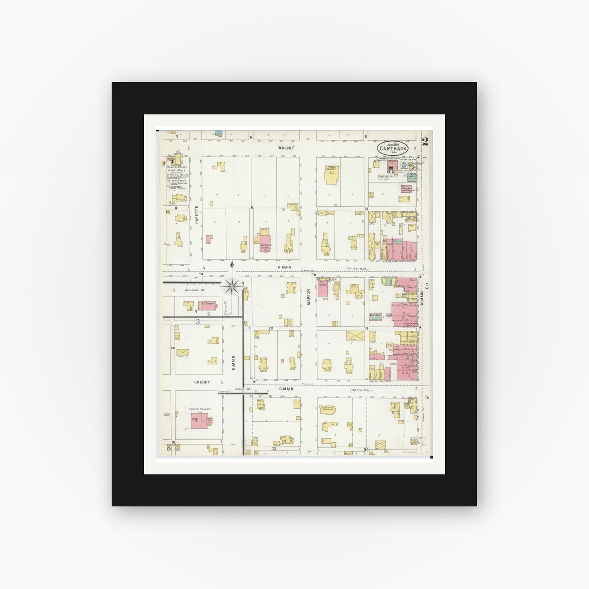 Old map wall art mockup — black gallery frame with white mat — Sanborn Fire Insurance Map from Carthage, Hancock County, Illinois (1898), Sheet #0002