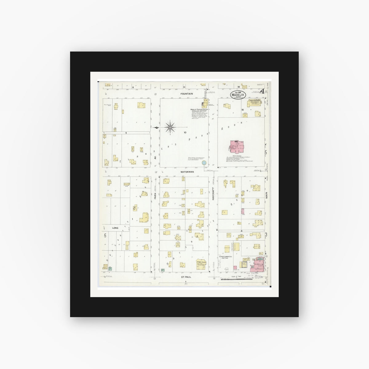 Old map wall art mockup — black gallery frame with white mat — Sanborn Fire Insurance Map from Madelia, Watonwan County, Minnesota (1908), Sheet #0004
