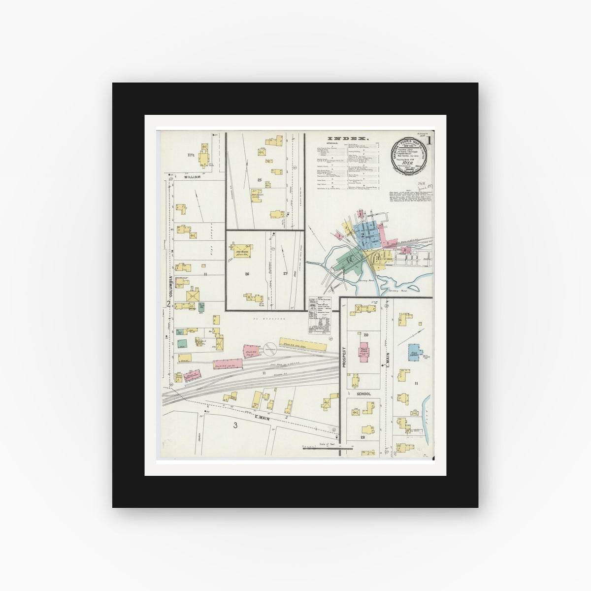 Old map wall art mockup — black gallery frame with white mat — Sanborn Fire Insurance Map from Ayer, Middlesex County, Massachusetts (1897) - Complete Map Set