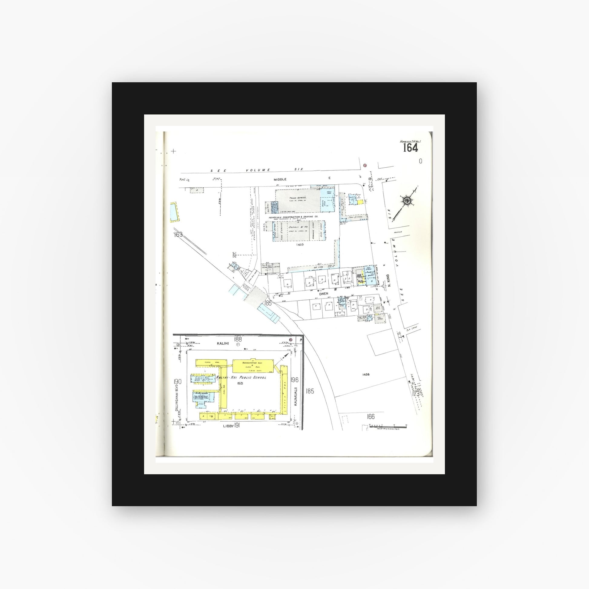 Old map wall art mockup — black gallery frame with white mat — Sanborn Fire Insurance Map from Honolulu, Oahu County, Hawaii (1955), Sheet #0164