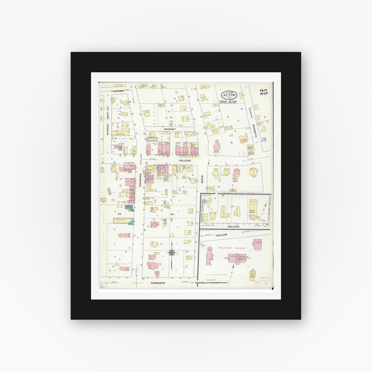 Old map wall art mockup — black gallery frame with white mat — Sanborn Fire Insurance Map from Alton, Madison County, Illinois (1909), Sheet #0025