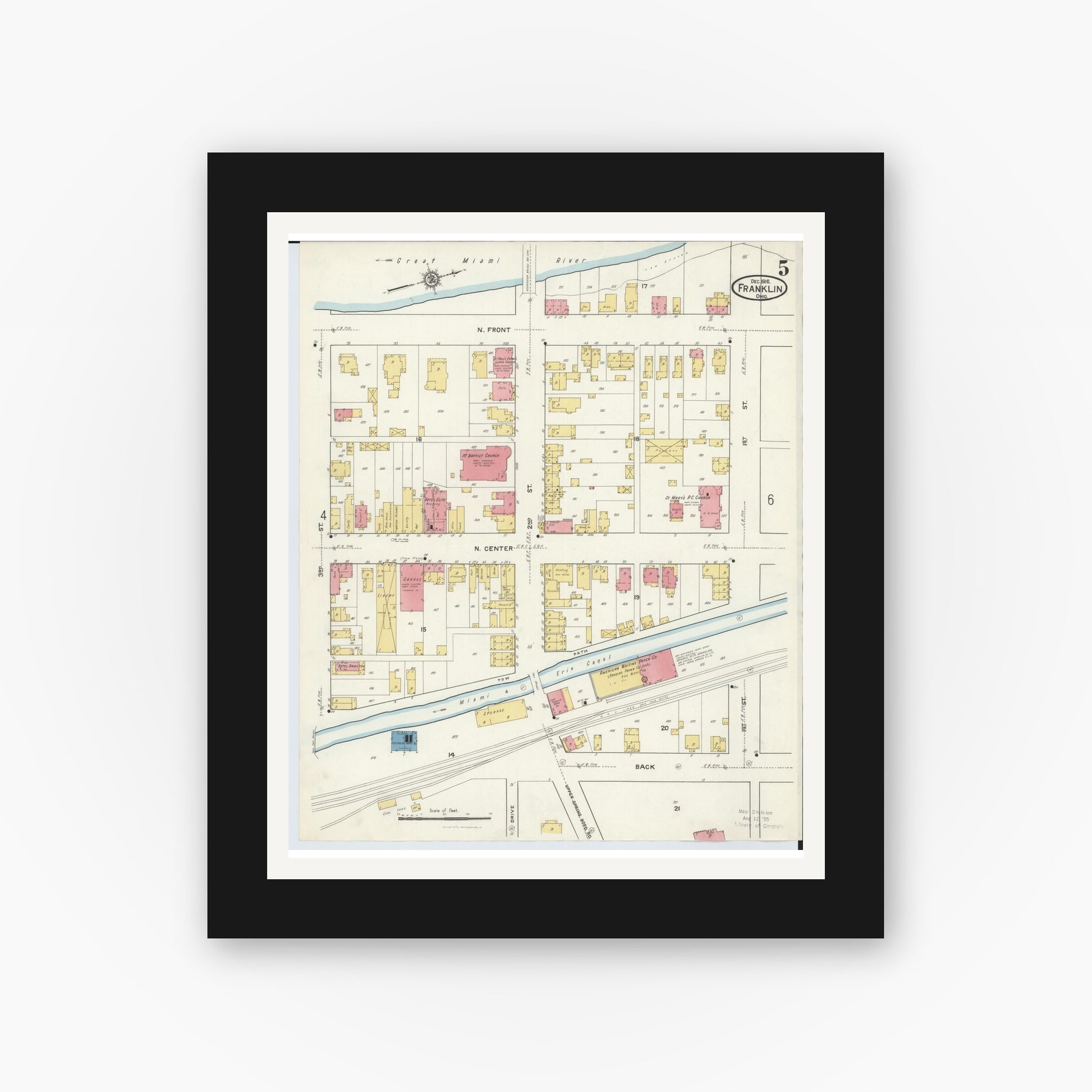 Old map wall art mockup — black gallery frame with white mat — Sanborn Fire Insurance Map from Franklin, Warren County, Ohio (1916), Sheet #0005