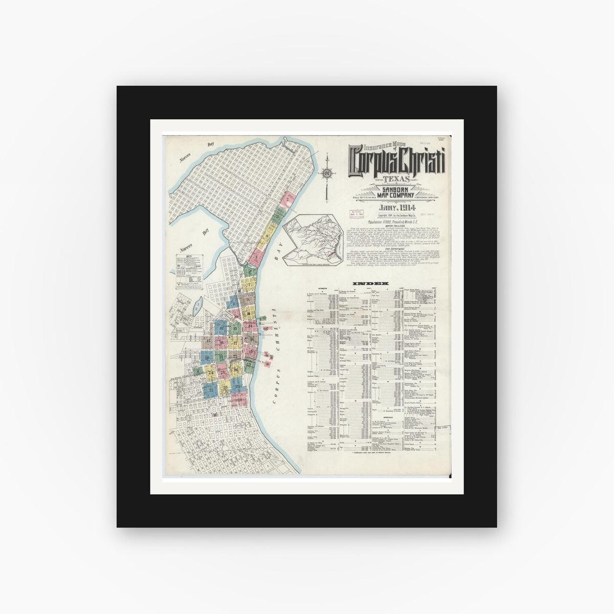 Old map wall art mockup — black gallery frame with white mat — Sanborn Fire Insurance Map from Corpus Christi, Nueces County, Texas (1914) - Complete Map Set