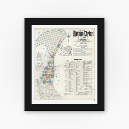 Old map wall art mockup — black gallery frame with white mat — Sanborn Fire Insurance Map from Corpus Christi, Nueces County, Texas (1914) - Complete Map Set