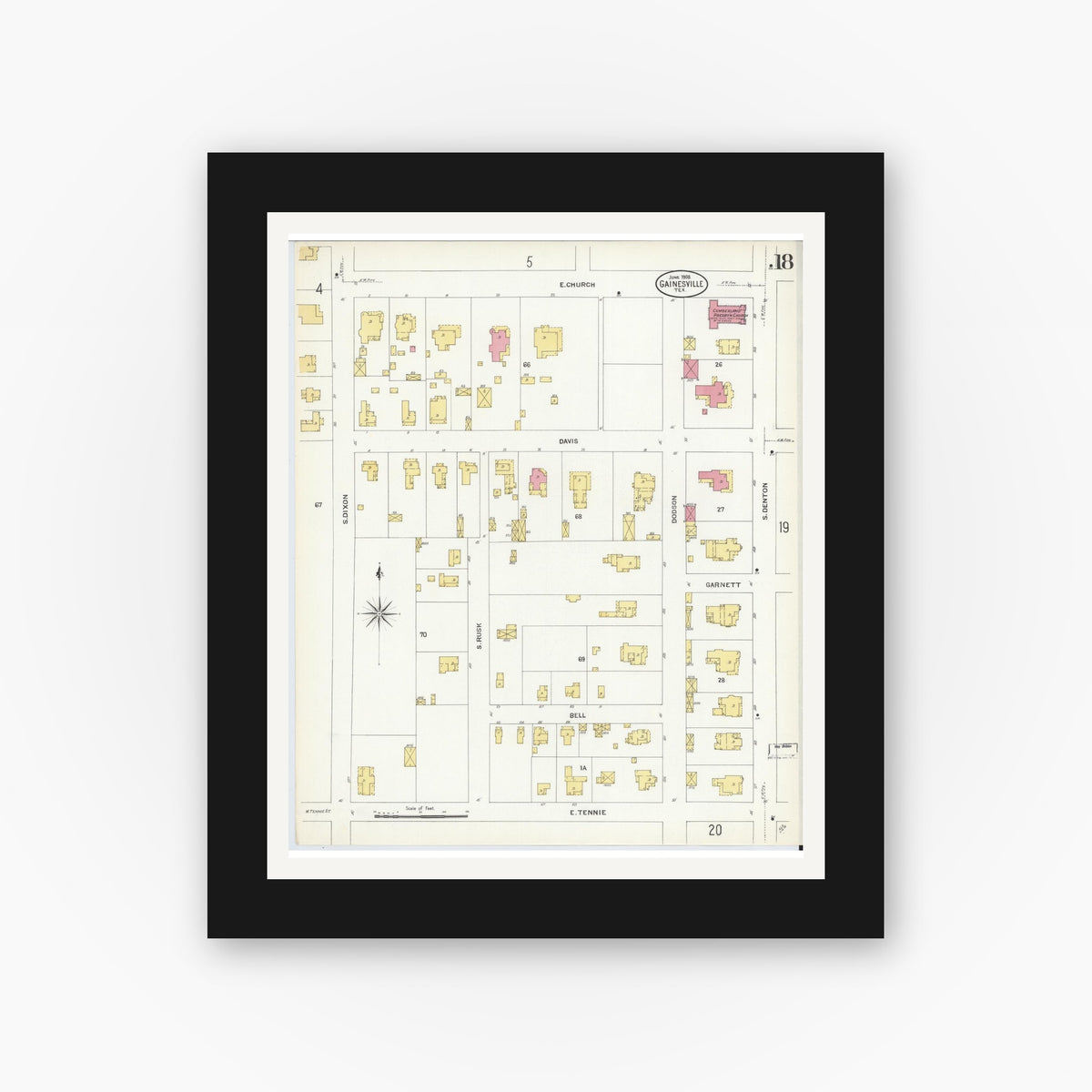 Old map wall art mockup — black gallery frame with white mat — Sanborn Fire Insurance Map from Gainesville, Cooke County, Texas (1908), Sheet #0018