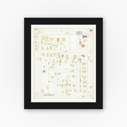 Old map wall art mockup — black gallery frame with white mat — Sanborn Fire Insurance Map from Gainesville, Cooke County, Texas (1908), Sheet #0018