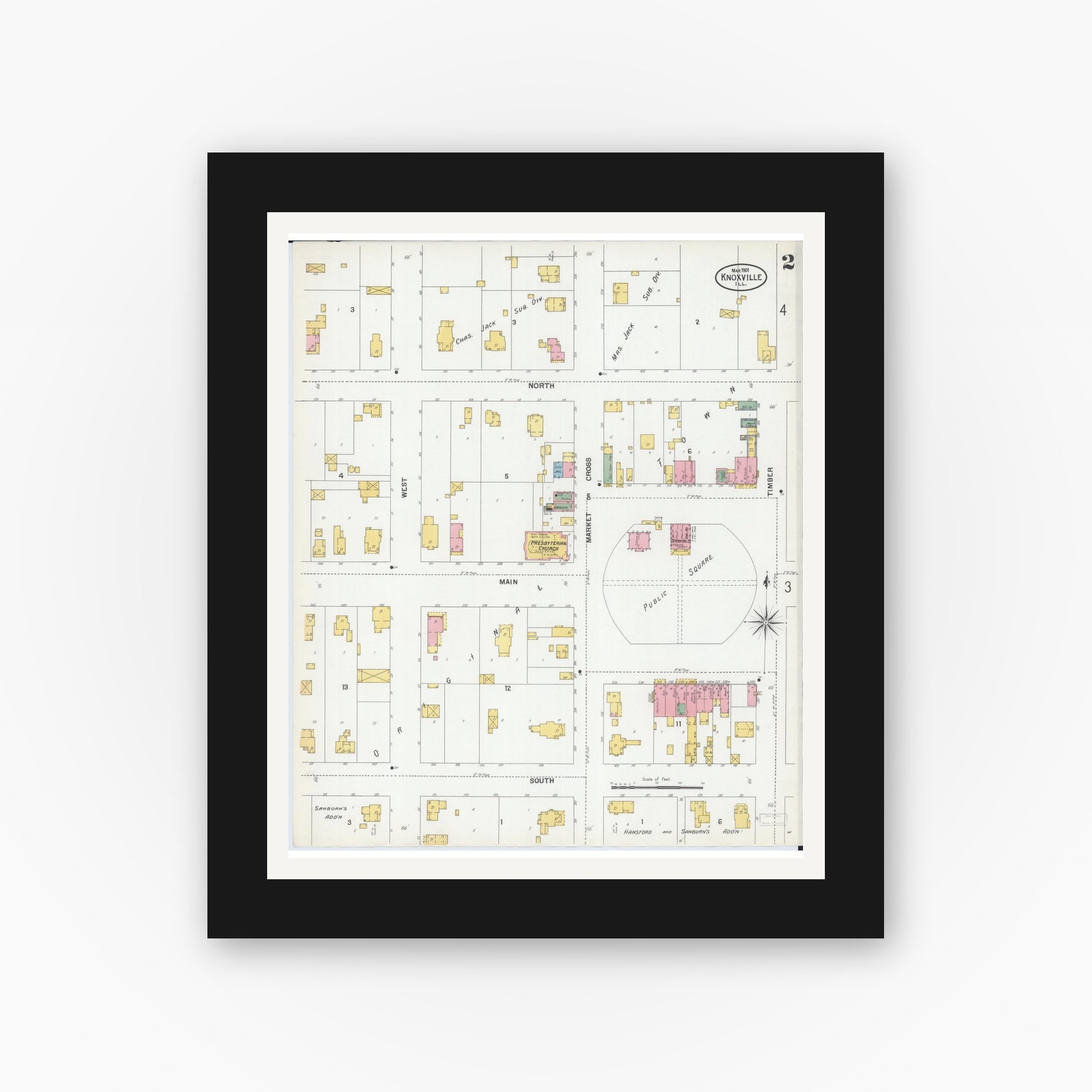 Old map wall art mockup — black gallery frame with white mat — Sanborn Fire Insurance Map from Knoxville, Knox County, Illinois (1901), Sheet #0002