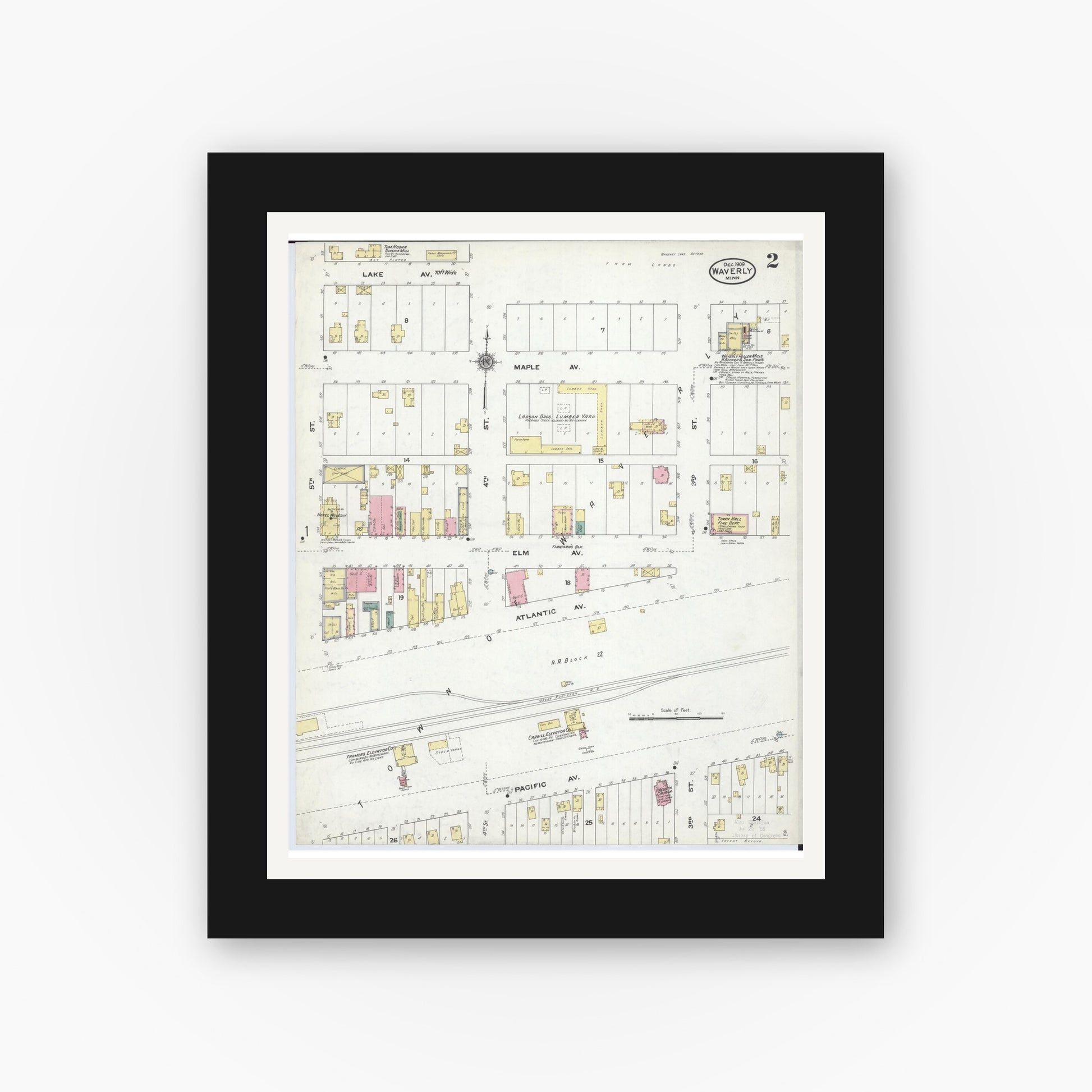 Old map wall art mockup — black gallery frame with white mat — Sanborn Fire Insurance Map from Waverly, Wright County, Minnesota (1909), Sheet #0002