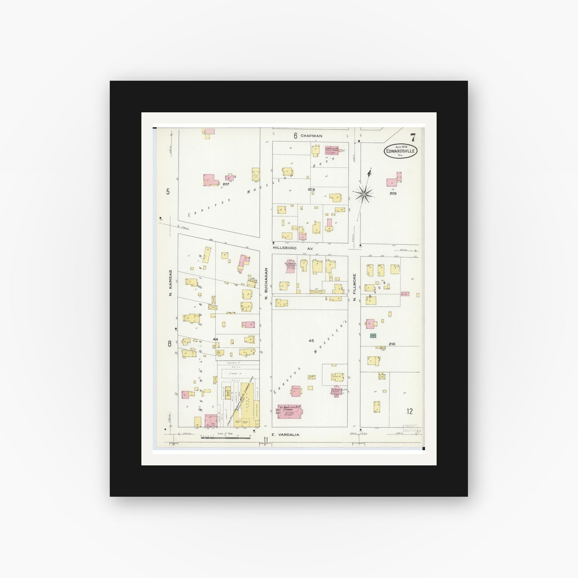 Old map wall art mockup — black gallery frame with white mat — Sanborn Fire Insurance Map from Edwardsville, Madison County, Illinois (1909), Sheet #0007