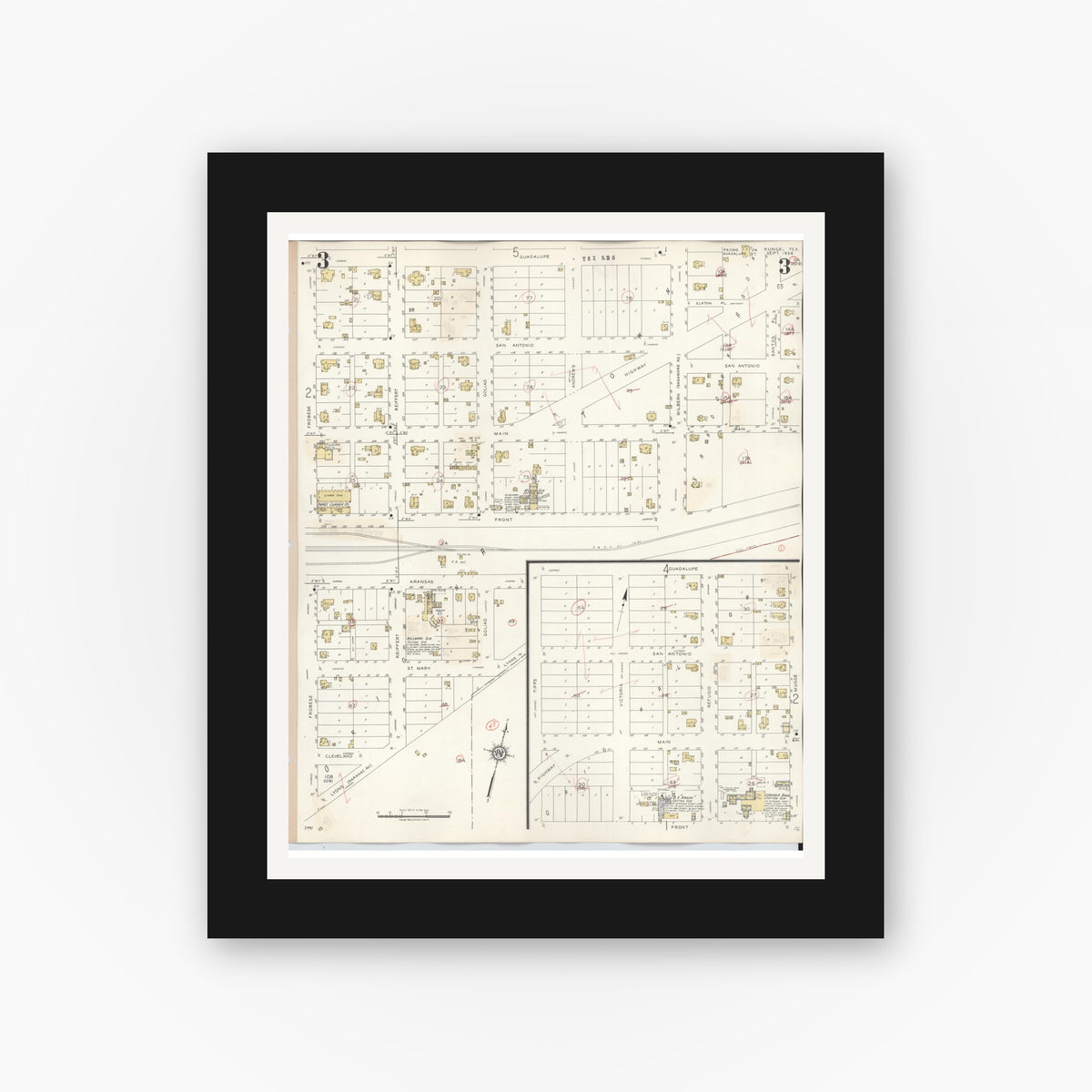 Old map wall art mockup — black gallery frame with white mat — Sanborn Fire Insurance Map from Runge, Karnes County, Texas (1944), Sheet #0003