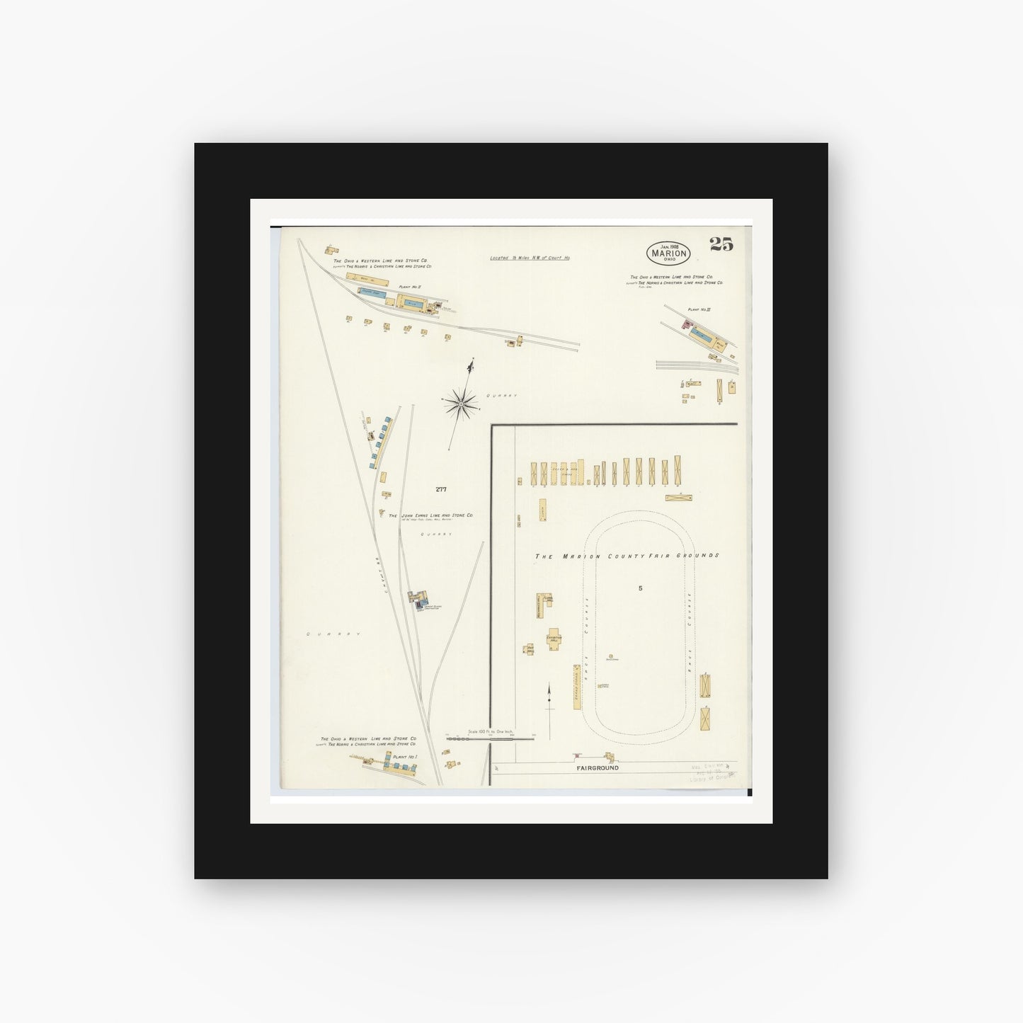 Old map wall art mockup — black gallery frame with white mat — Sanborn Fire Insurance Map from Marion, Marion County, Ohio (1908), Sheet #0025