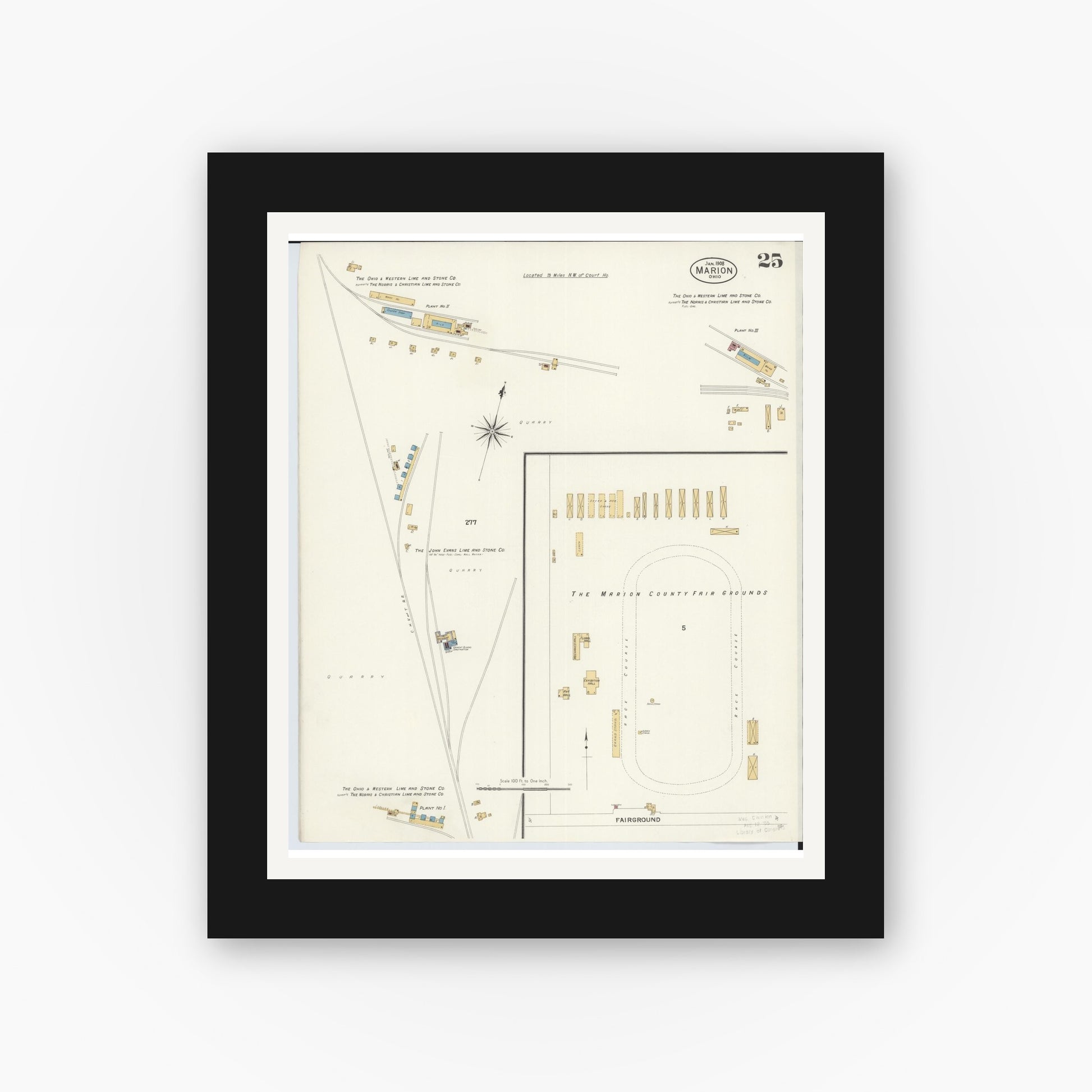 Old map wall art mockup — black gallery frame with white mat — Sanborn Fire Insurance Map from Marion, Marion County, Ohio (1908), Sheet #0025