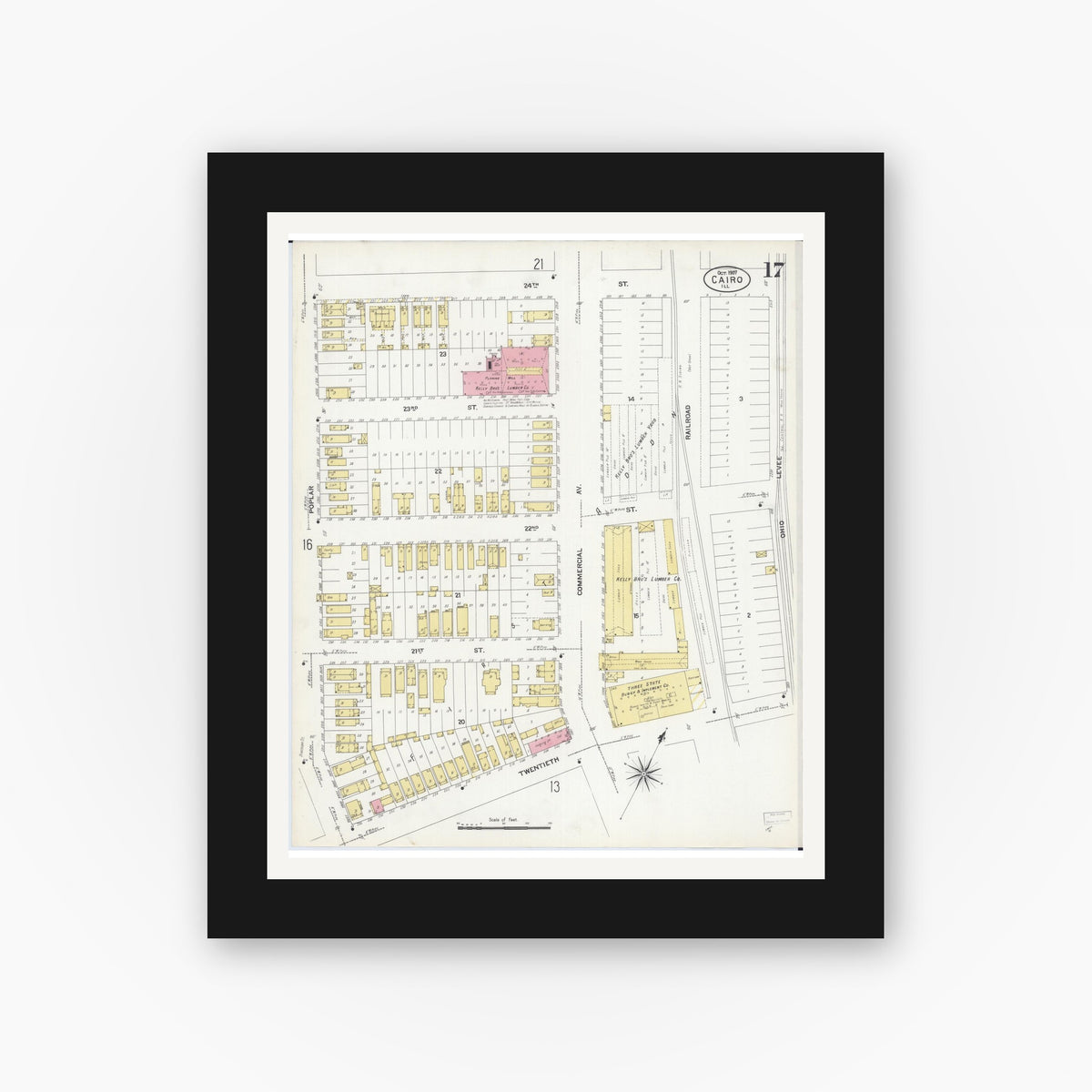 Old map wall art mockup — black gallery frame with white mat — Sanborn Fire Insurance Map from Cairo, Alexander County, Illinois (1907), Sheet #0017