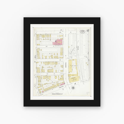 Old map wall art mockup — black gallery frame with white mat — Sanborn Fire Insurance Map from Cairo, Alexander County, Illinois (1907), Sheet #0017