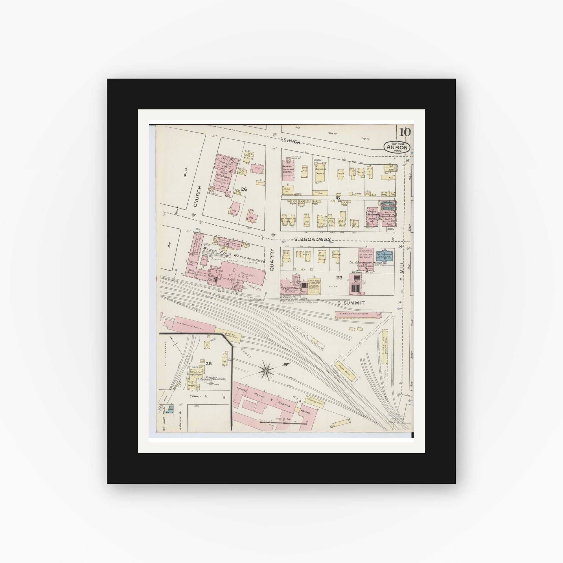 Old map wall art mockup — black gallery frame with white mat — Sanborn Fire Insurance Map from Akron, Summit County, Ohio (1886), Sheet #0010