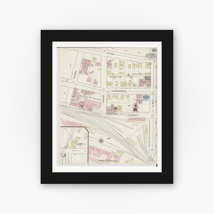 Old map wall art mockup — black gallery frame with white mat — Sanborn Fire Insurance Map from Akron, Summit County, Ohio (1886), Sheet #0010